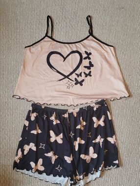 Butterfly Heart Two-Piece Pajama Set - Beige and Black